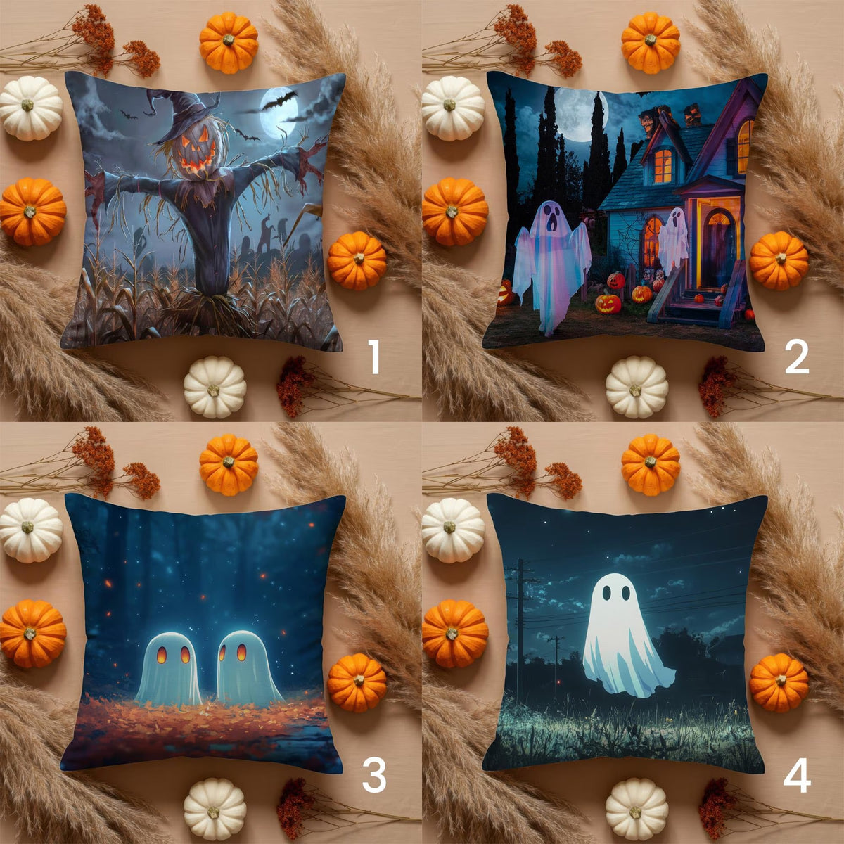 Haunted Ghost Halloween Pillow Cover Set, Spooky Pumpkin Ghost House & Scarecrow Cushions, Fall Gothic Home Decor, Happy Halloween Gift