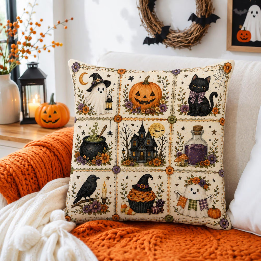 Halloween Throw Pillow Cover, Ghost Pumpkin Black Cat Farmhouse Cushion Case, Spooky Autumn Home Decor, Rustic Fall Pillow