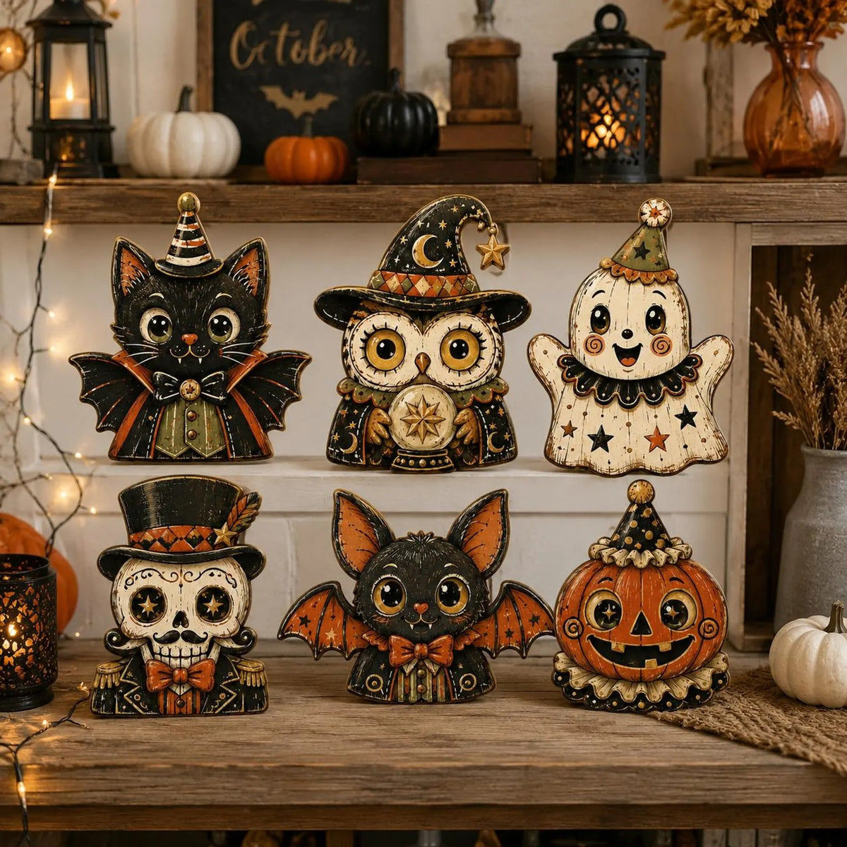 Vintage Halloween Wooden Block Set, Cat Owl Ghost Pumpkin Skull Decor, Rustic Tiered Tray Shelf Decoration, Spooky Fall Home Decor, Halloween Gift