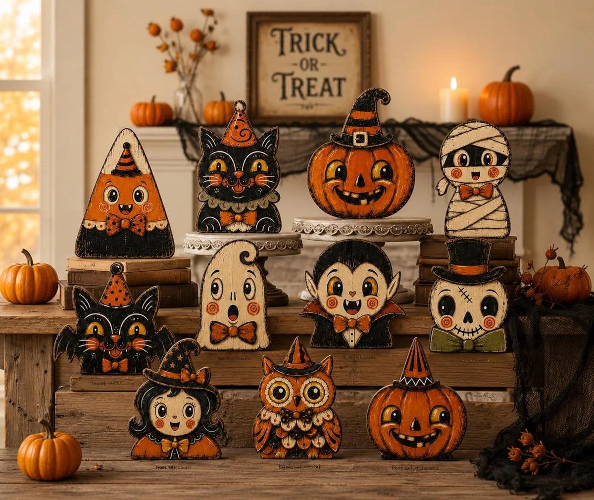Vintage Halloween Wooden Blocks, Cute Spooky Shelf Decor, Rustic Fall Tabletop Ornaments, Retro Halloween Home Decoration, Seasonal Gift