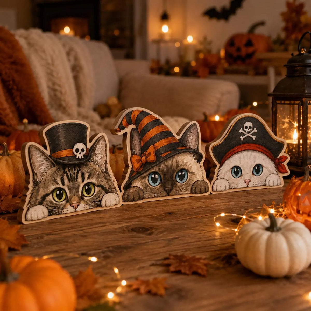 Halloween Cat Wooden Signs, Spooky Black Cat Shelf Sitters, Witch Ghost Pirate Pumpkin Kitty Decor, Vintage Halloween Tabletop Decoration