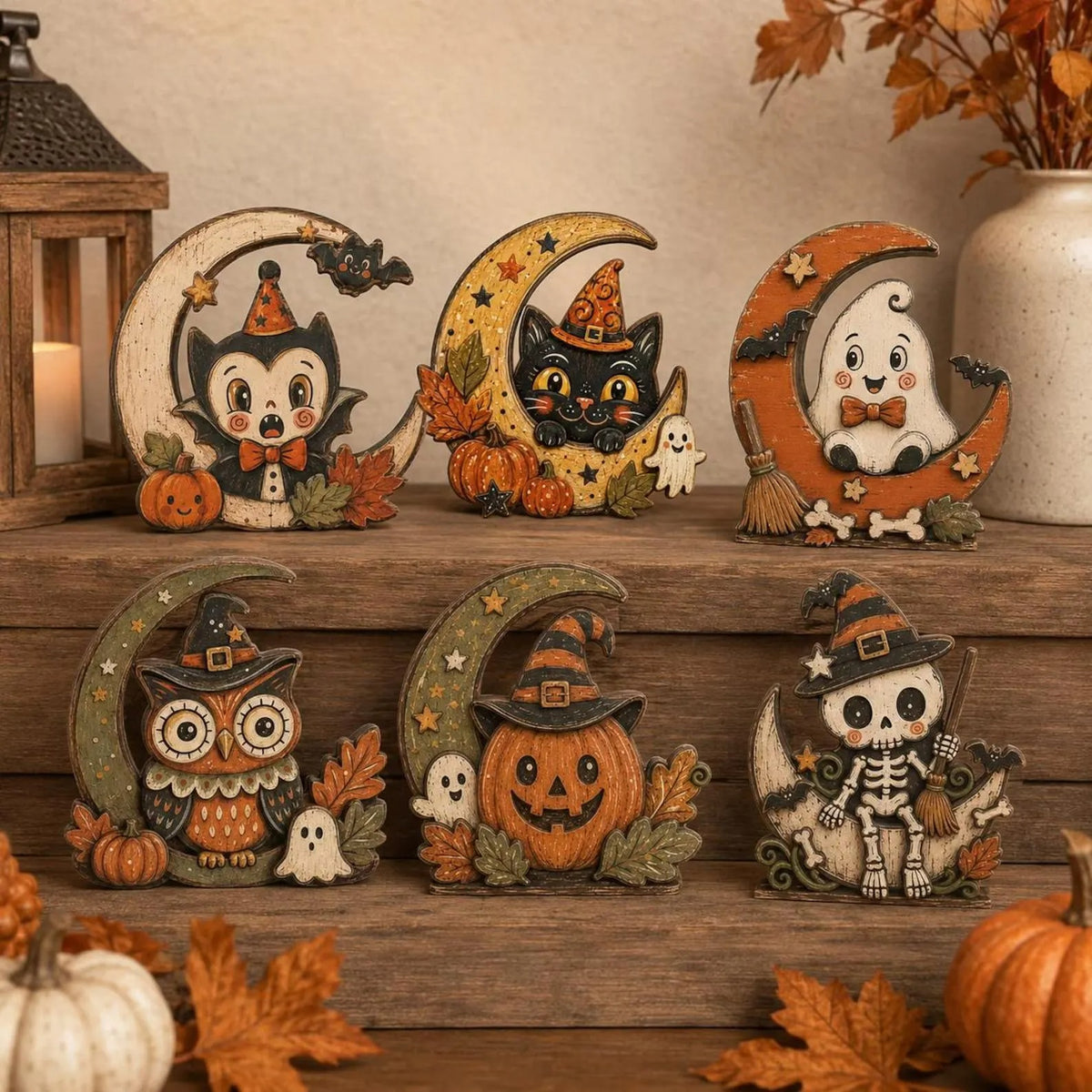 Halloween Moon Wooden Decor, Bat Black Cat Ghost Owl Pumpkin Skeleton Figurines, Spooky Shelf Sitter, Rustic Fall Tabletop Decoration