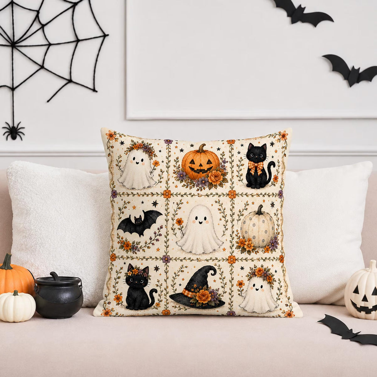 Halloween Throw Pillow Cover, Ghost Pumpkin Black Cat Farmhouse Cushion Case, Spooky Autumn Home Decor, Rustic Fall Pillow