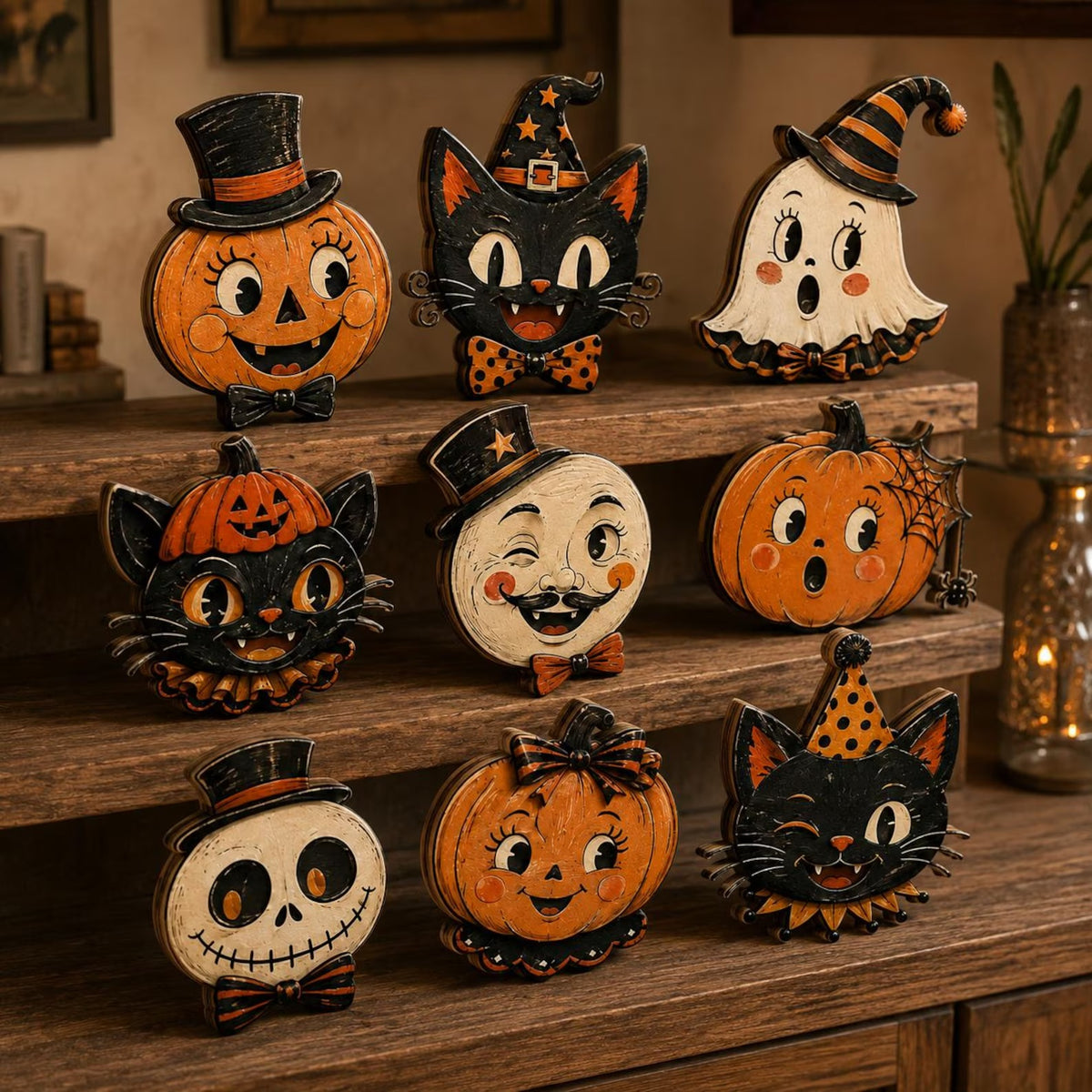 Vintage Halloween Wooden Standee, Retro Pumpkin Cat Ghost Decor, Spooky Shelf Sitter, Gothic Fall Tabletop Decoration, Halloween Home Gift
