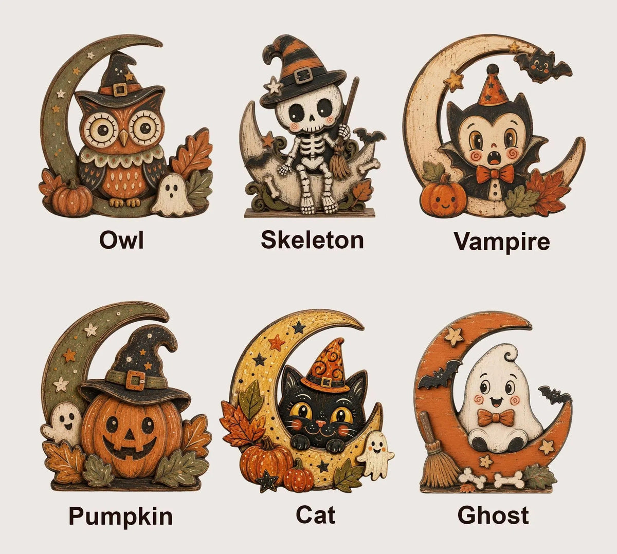 Halloween Moon Wooden Decor, Bat Black Cat Ghost Owl Pumpkin Skeleton Figurines, Spooky Shelf Sitter, Rustic Fall Tabletop Decoration