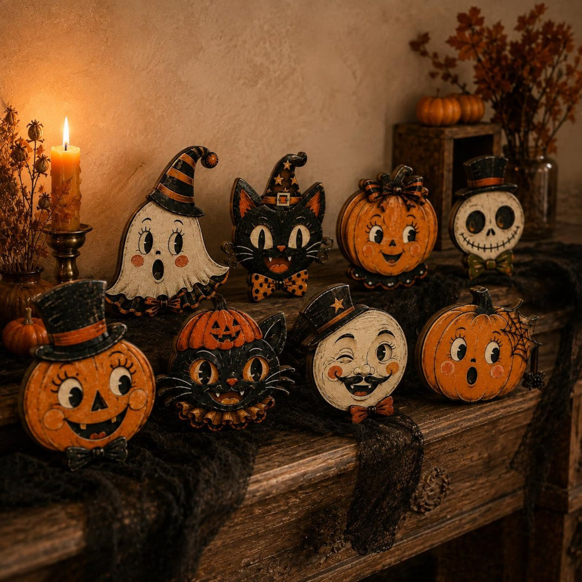 Vintage Halloween Wooden Standee, Retro Pumpkin Cat Ghost Decor, Spooky Shelf Sitter, Gothic Fall Tabletop Decoration, Halloween Home Gift