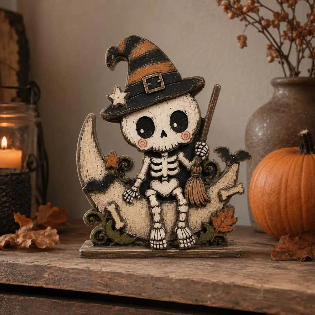 Halloween Moon Wooden Decor, Bat Black Cat Ghost Owl Pumpkin Skeleton Figurines, Spooky Shelf Sitter, Rustic Fall Tabletop Decoration