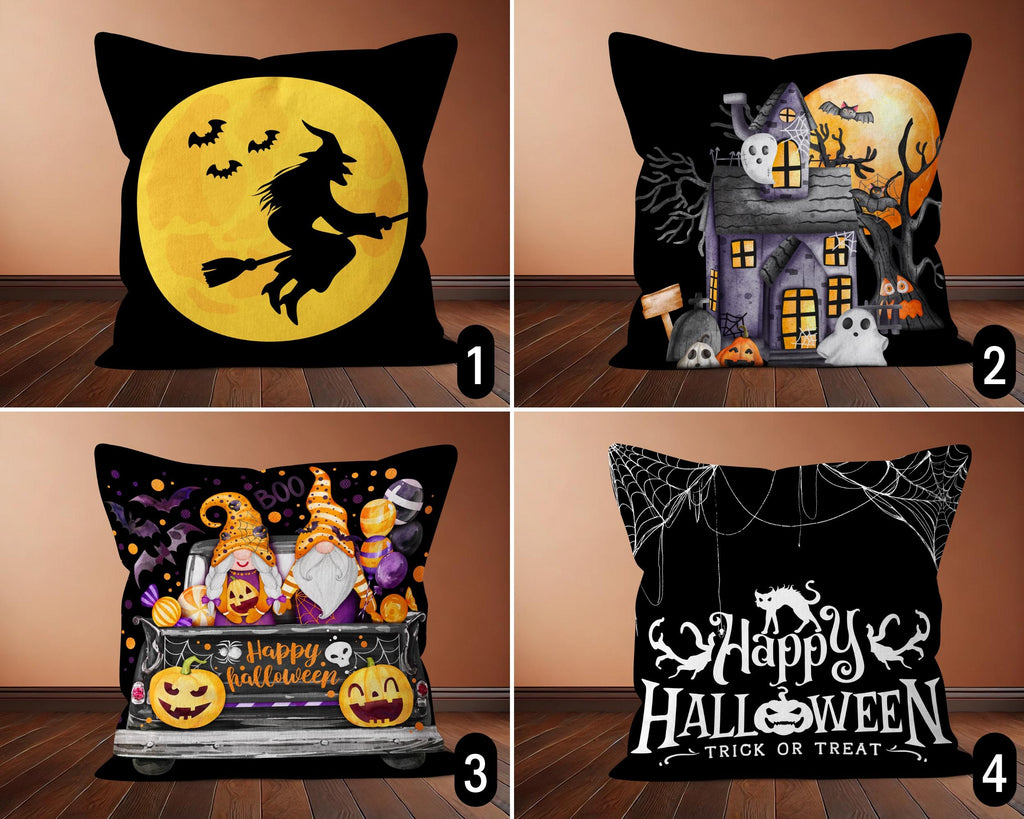 Black Halloween Pillow Cover, Witch Haunted House Gnome & Jack-o'-Lantern Throw Pillow, Spooky Trick or Treat Fall Home Decor