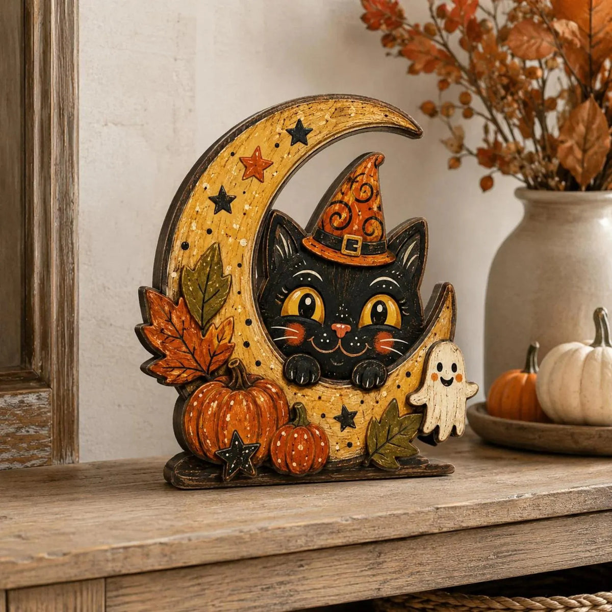 Halloween Moon Wooden Decor, Bat Black Cat Ghost Owl Pumpkin Skeleton Figurines, Spooky Shelf Sitter, Rustic Fall Tabletop Decoration