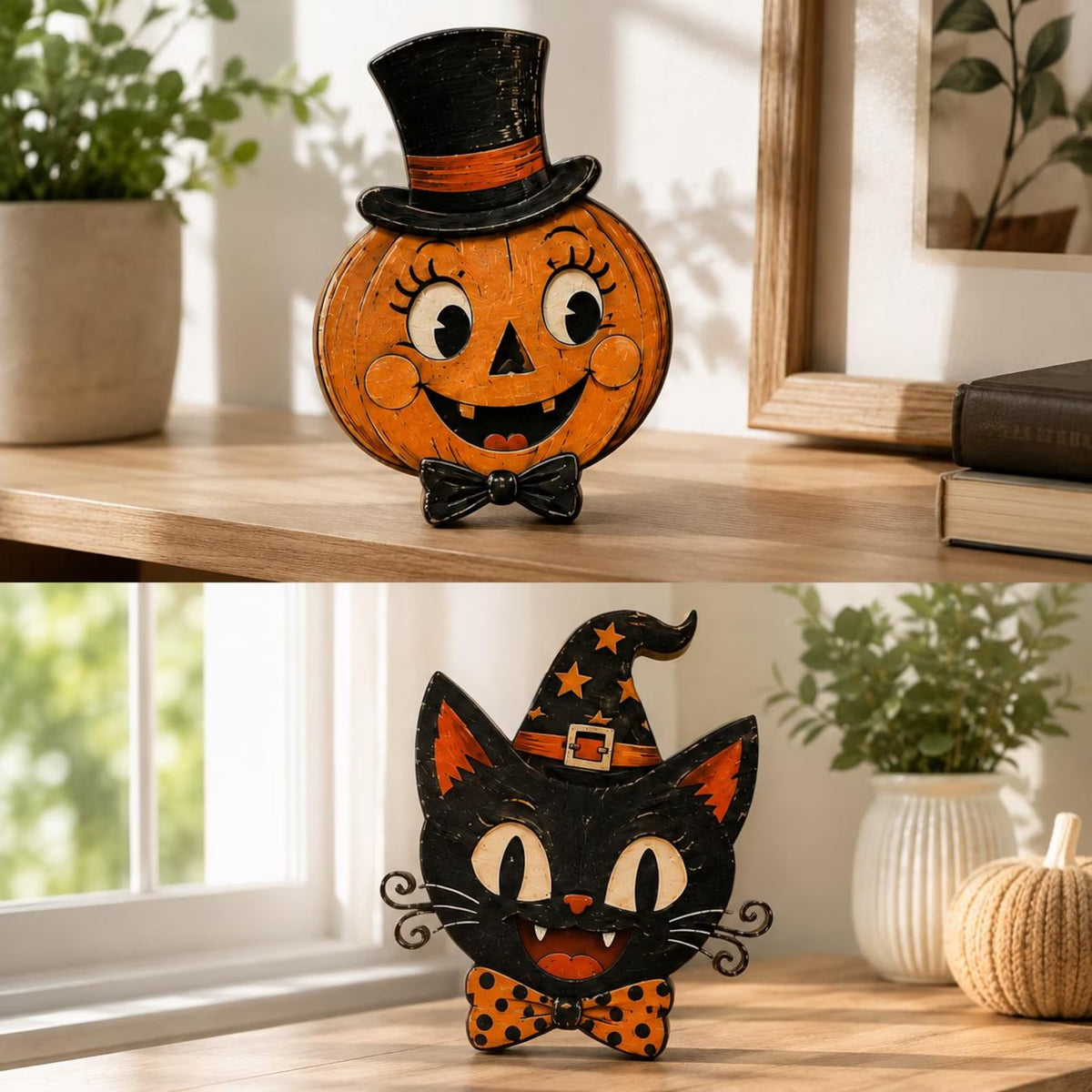 Vintage Halloween Wooden Standee, Retro Pumpkin Cat Ghost Decor, Spooky Shelf Sitter, Gothic Fall Tabletop Decoration, Halloween Home Gift