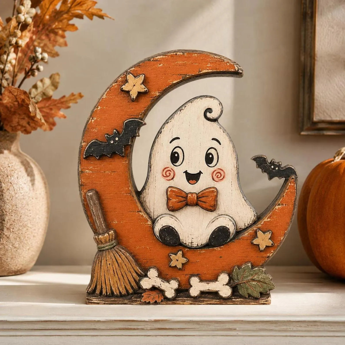 Halloween Moon Wooden Decor, Bat Black Cat Ghost Owl Pumpkin Skeleton Figurines, Spooky Shelf Sitter, Rustic Fall Tabletop Decoration