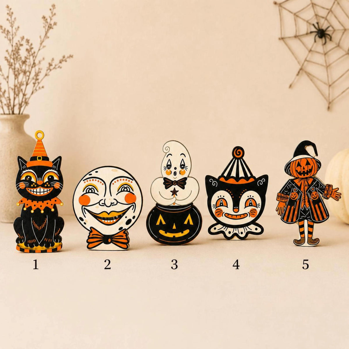 Vintage Halloween Wooden Block Decor, Retro Cat Ghost Pumpkin Moon Witch Shelf Sitters, Spooky Mantel & Tiered Tray Decoration, Rustic Fall Home Decor