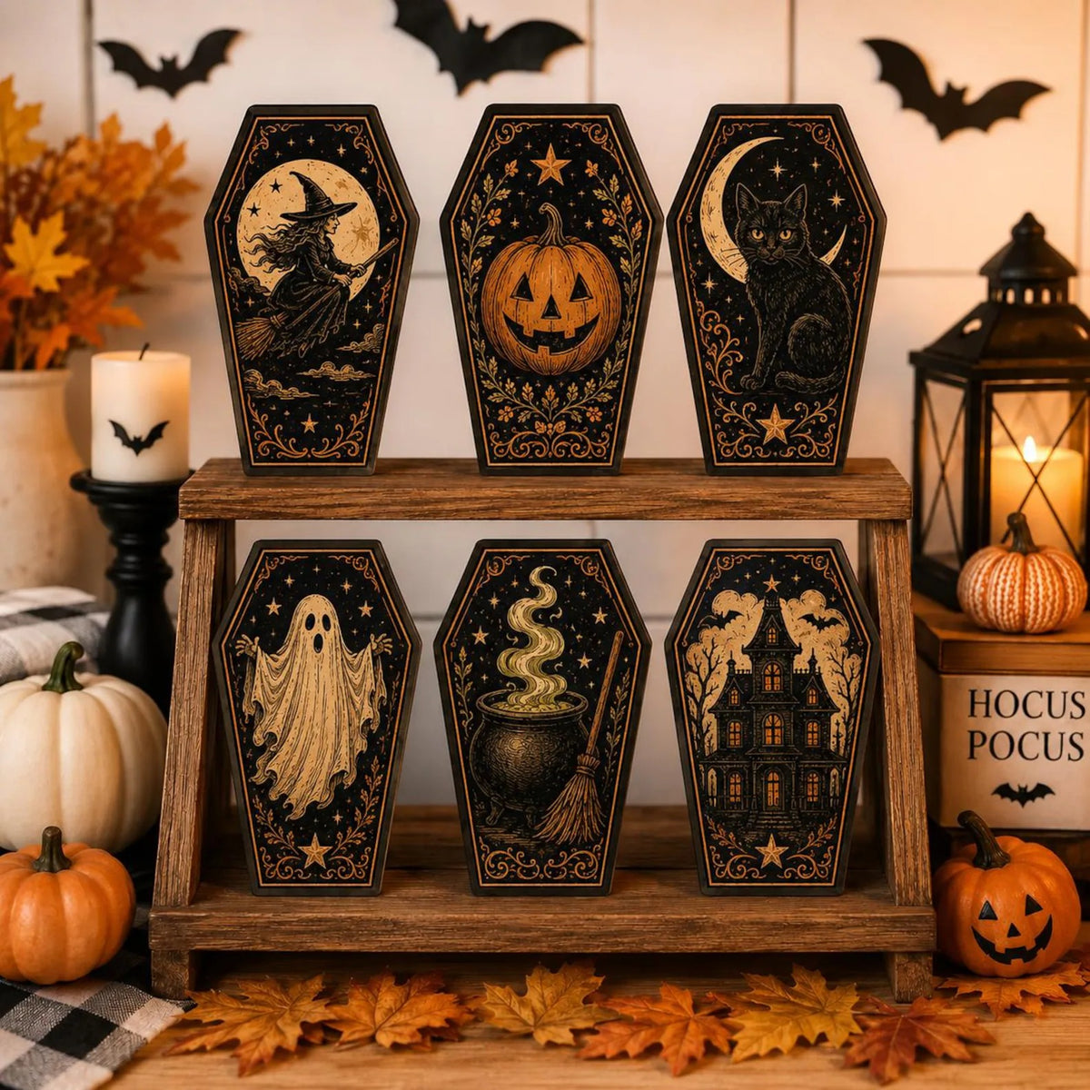 Vintage Halloween Wooden Sign, 3-Layer Retro Shelf Decor, Ghost Pumpkin Black Cat Skeleton Witch Owl, Rustic Halloween Home Decoration, Fall Gift