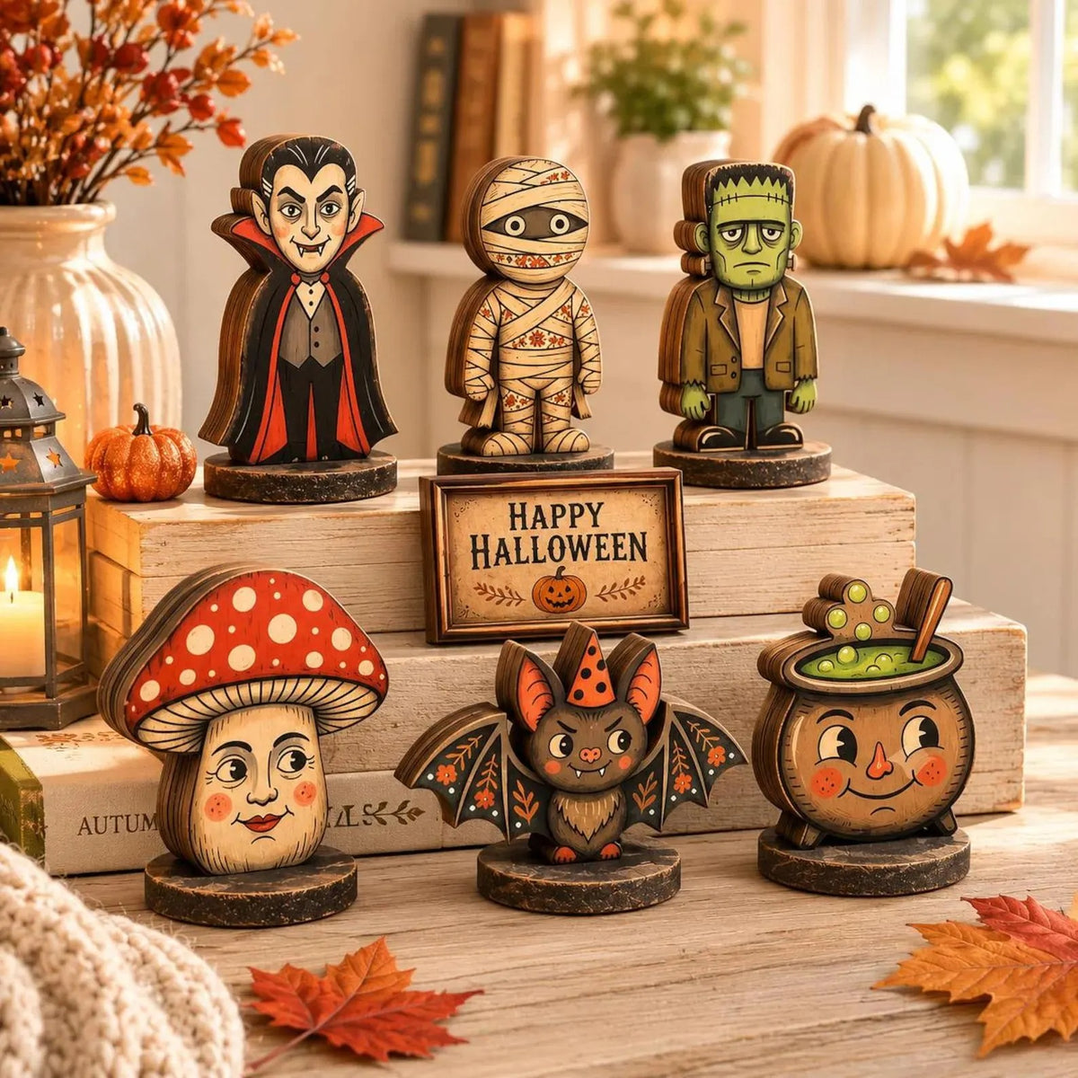Vintage Halloween Wooden Block, Cute Spooky Shelf Sitter, Rustic Tiered Tray Decor, Vampire Mummy Bat Cauldron, Fall Halloween Home Decoration