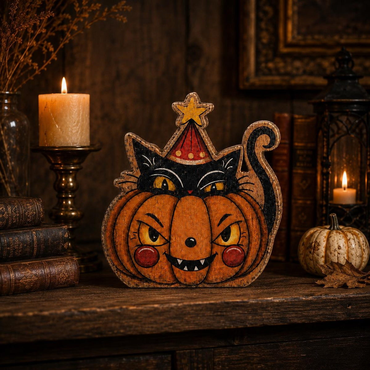 Vintage Halloween Wooden Block Decor, Retro Shelf Sitter, Rustic Plywood Decoration, Spooky Fall Tabletop Accent, Halloween Home Decor