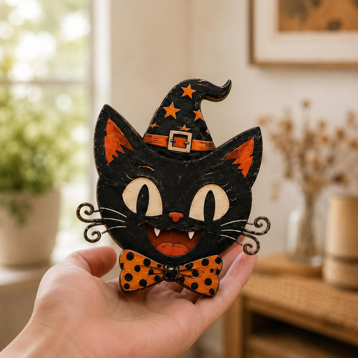Vintage Halloween Wooden Standee, Retro Pumpkin Cat Ghost Decor, Spooky Shelf Sitter, Gothic Fall Tabletop Decoration, Halloween Home Gift