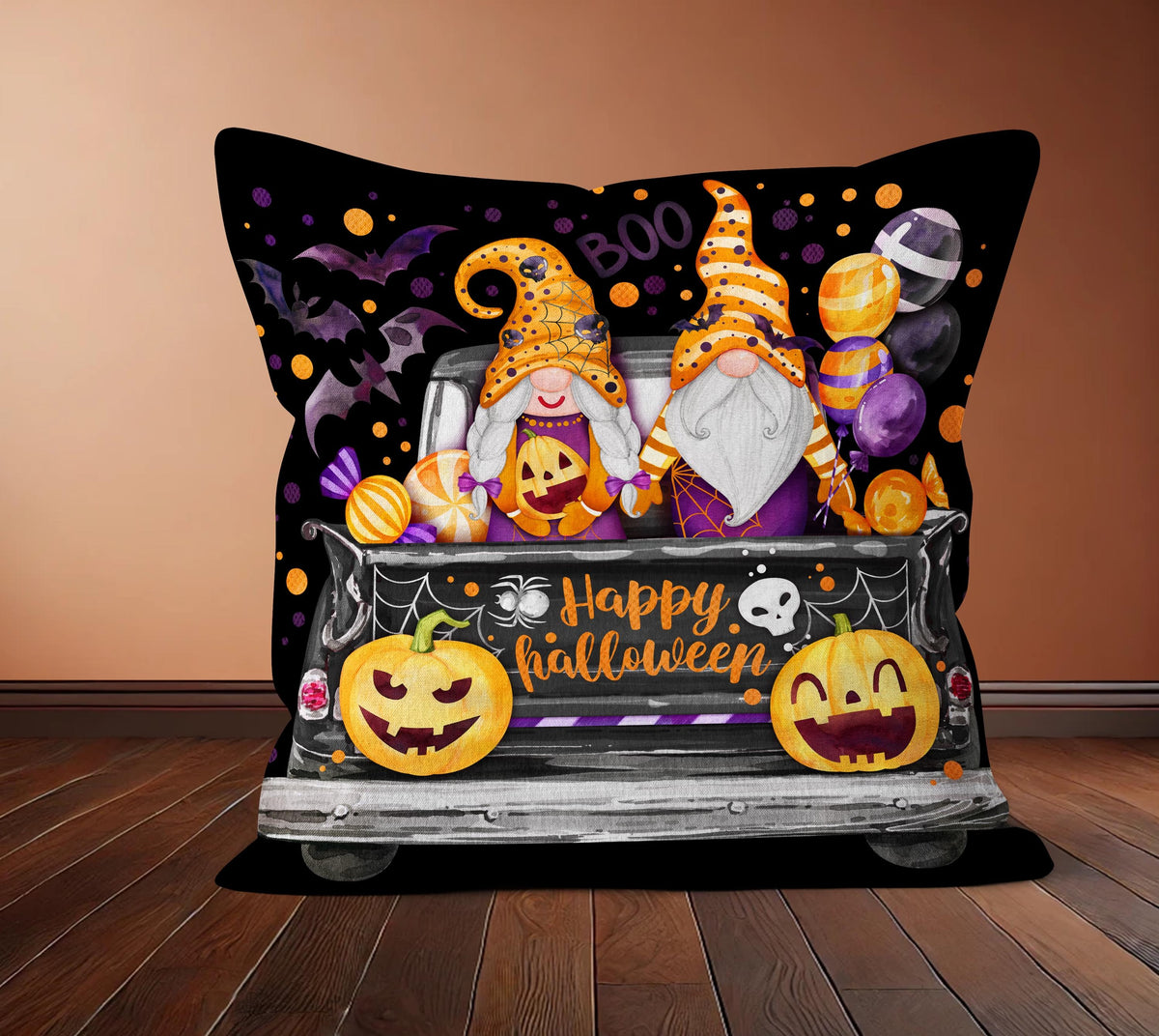 Black Halloween Pillow Cover, Witch Haunted House Gnome & Jack-o'-Lantern Throw Pillow, Spooky Trick or Treat Fall Home Decor