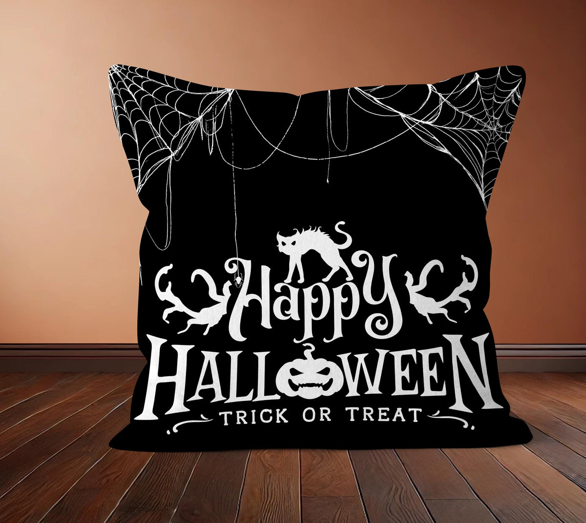 Black Halloween Pillow Cover, Witch Haunted House Gnome & Jack-o'-Lantern Throw Pillow, Spooky Trick or Treat Fall Home Decor