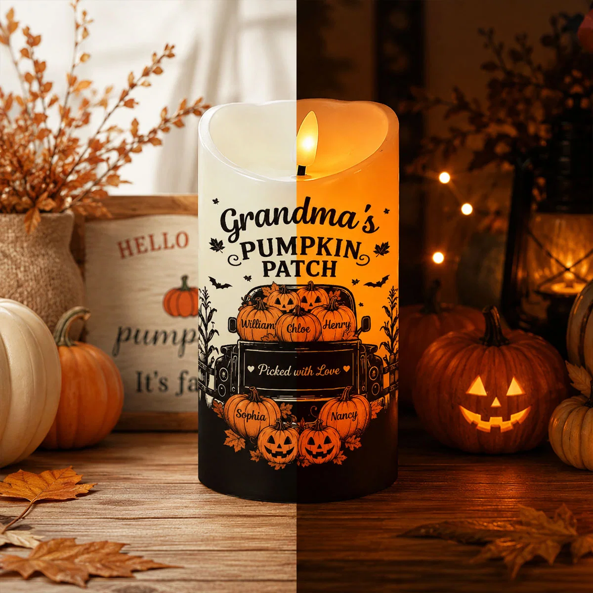 🎃Grandma's Pumpkin Patch Jack-O'-Lantern Truck Personalized LED Candle, Halloween Decor Gift for Grandma, Spooky Fall Home Decoration