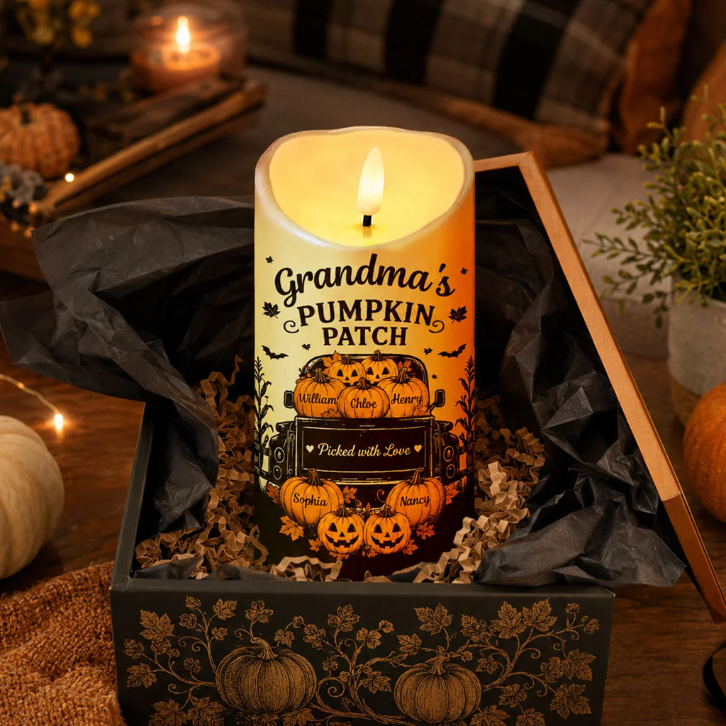 🎃Grandma's Pumpkin Patch Jack-O'-Lantern Truck Personalized LED Candle, Halloween Decor Gift for Grandma, Spooky Fall Home Decoration