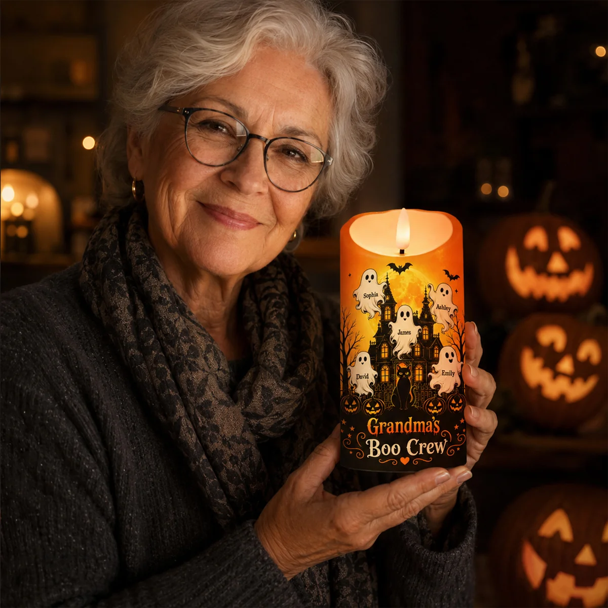 🎃 Grandma's Little Boo Crew Personalized LED Candle – Haunted House Halloween Decor, Custom Gift for Grandma 👻🕯️