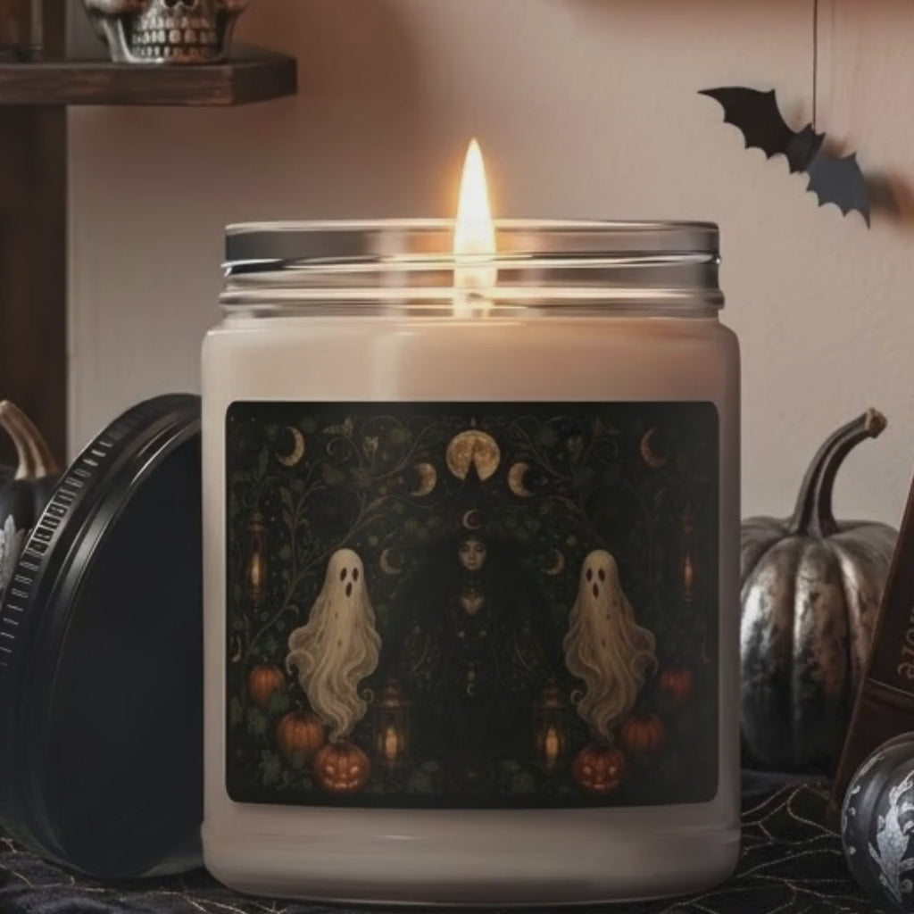 Witch Ghost Halloween Candle, Spooky Fall Scented Candle, Gothic Black Cat Home Decor, Witchy Halloween Aromatherapy Gift