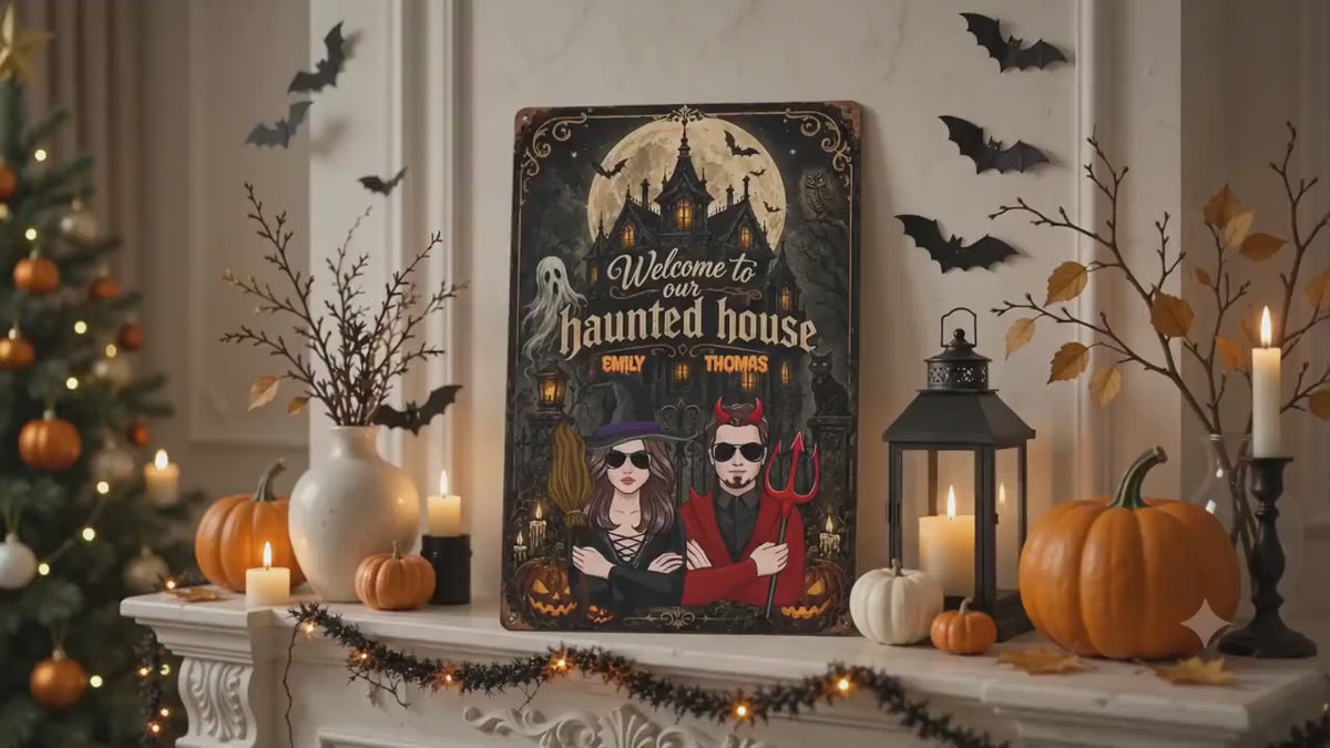 Custom Halloween Haunted House Sign, Personalized Welcome Halloween Metal Sign, Couple Halloween Yard Decor, Spooky Porch Wall Art, Halloween Gift