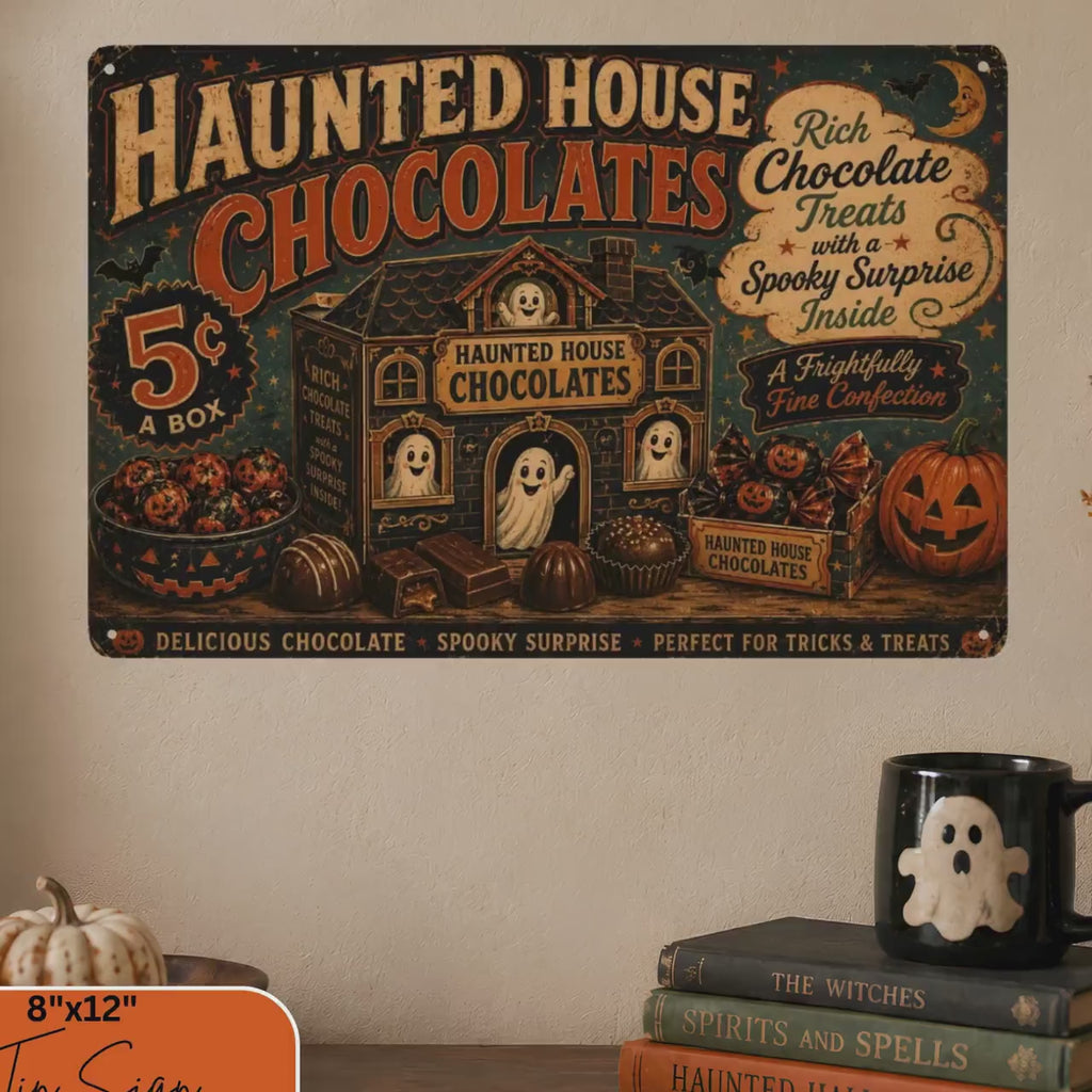 Haunted House Chocolates Tin Sign, Vintage Halloween Metal Sign, Retro Ghost Candy Wall Decor, Spooky Kitchen Wall Art, Halloween Home Decoration