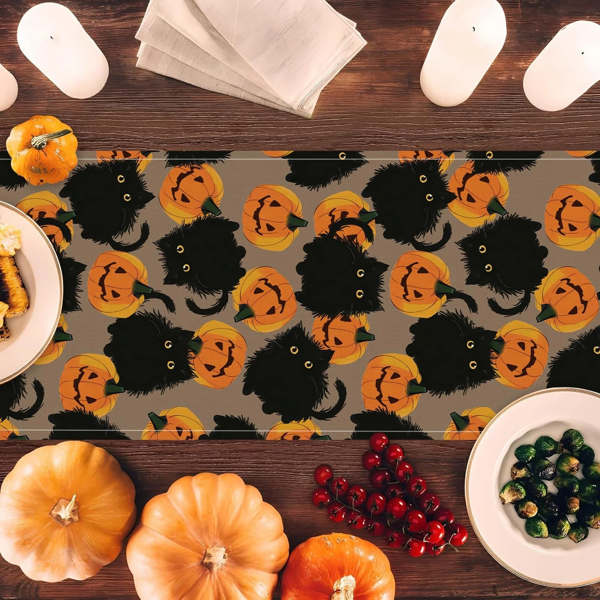 Halloween Table Runner Black Cat Pumpkins