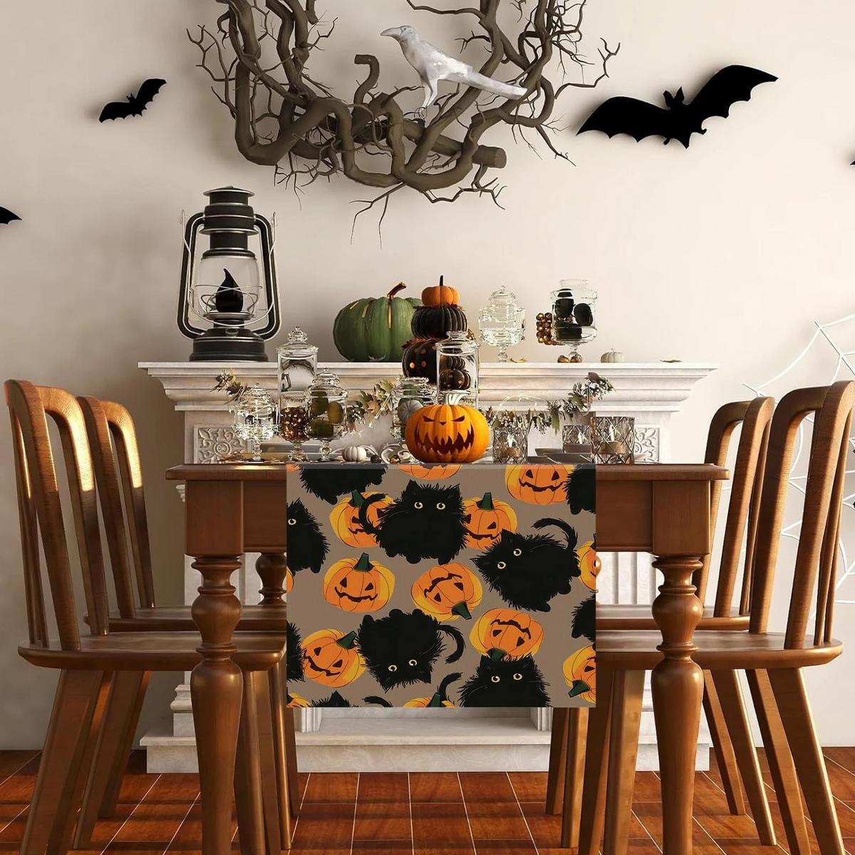 Halloween Table Runner Black Cat Pumpkins