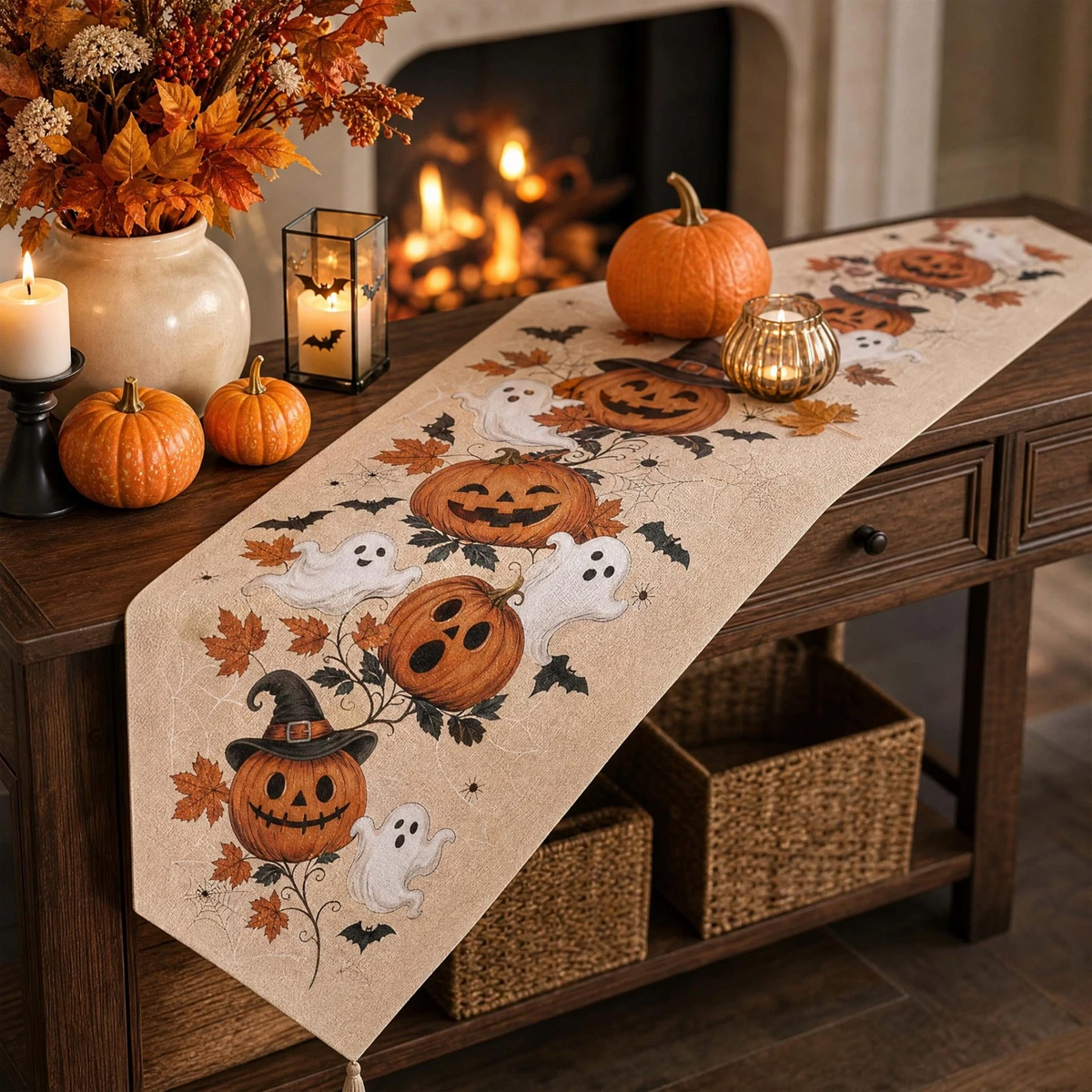 Halloween Table Runner 13 x 72 Inch, Fall Autumn 13 x 72 inches, Pumpkin