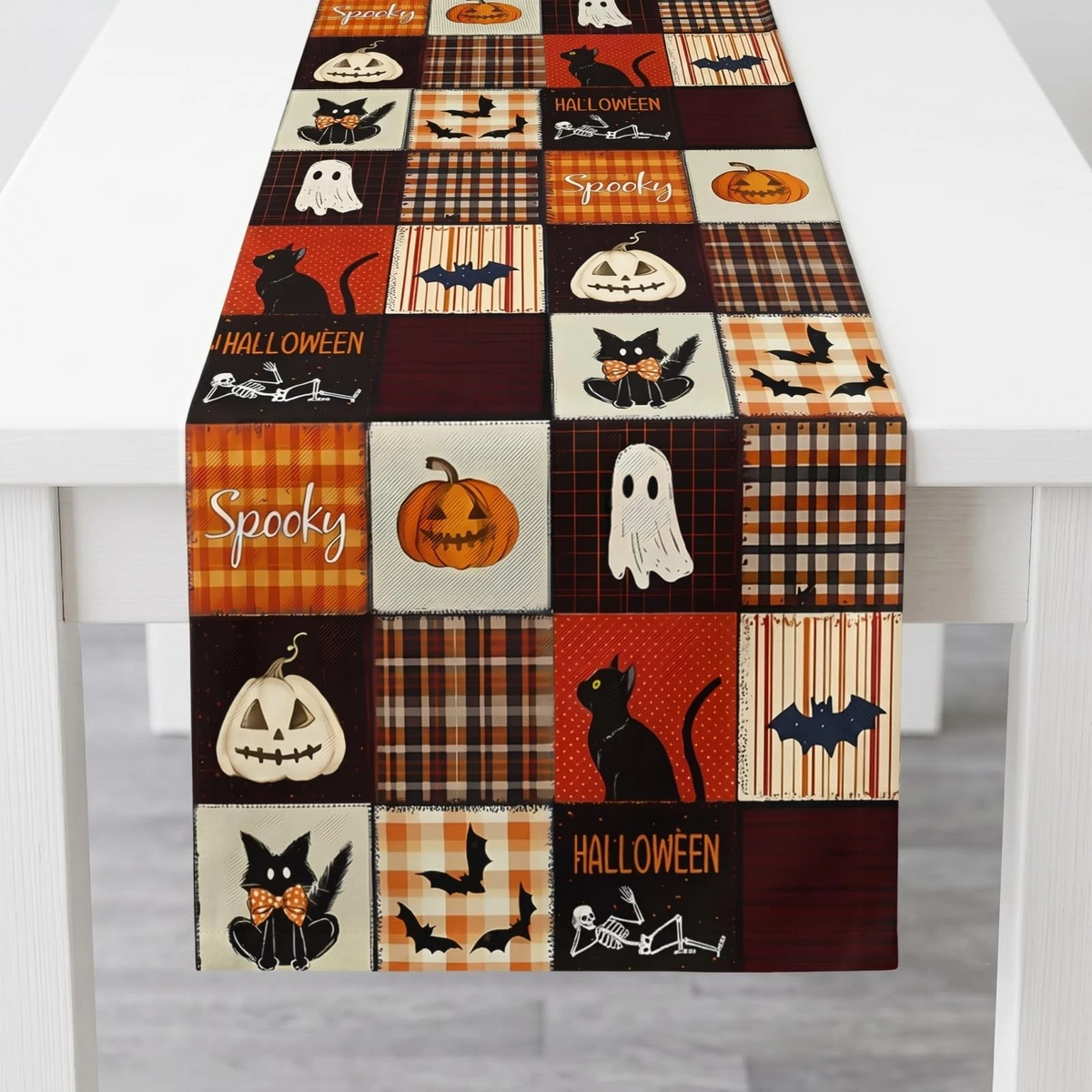 Halloween Table Runner 13 x 72 in, Cat Ghost Pumpkin Plaid