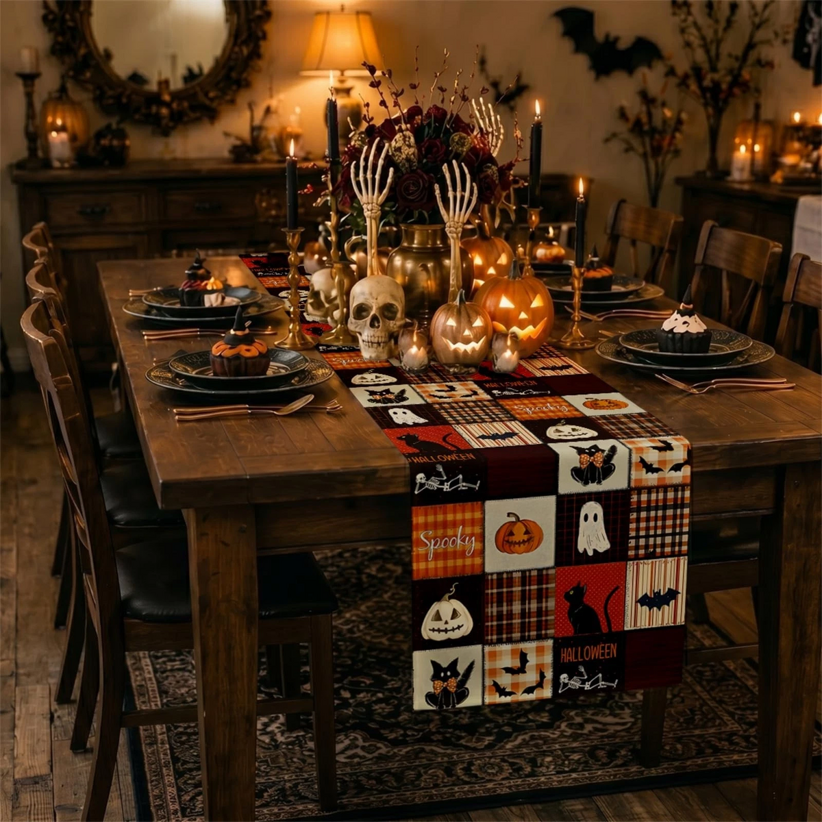Halloween Table Runner 13 x 72 in, Cat Ghost Pumpkin Plaid