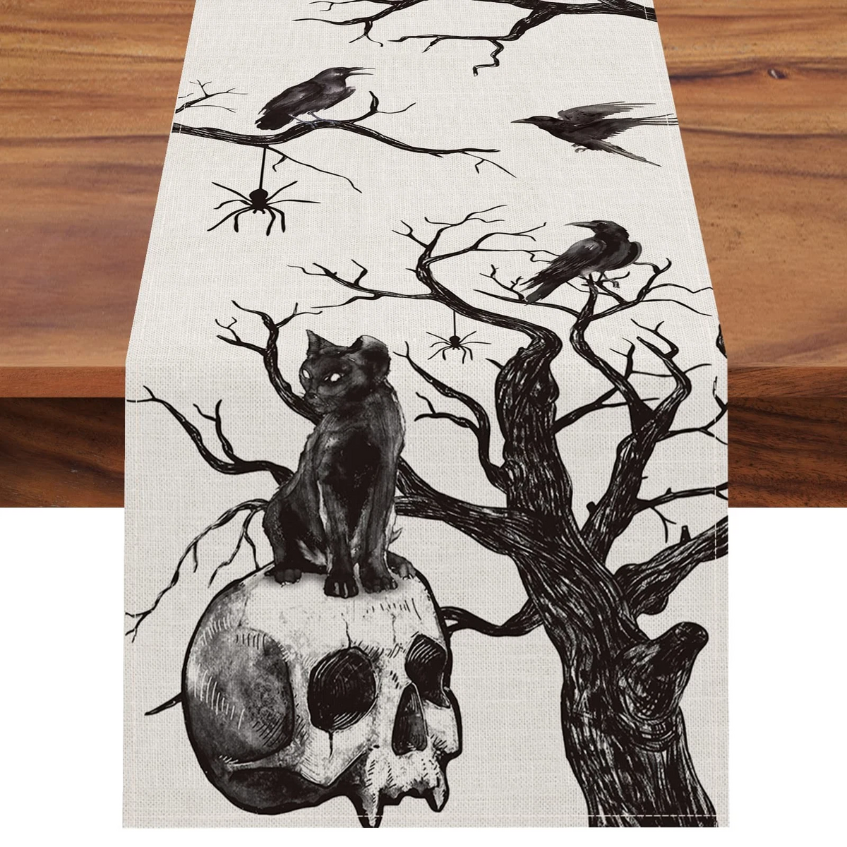 Seliem Halloween Gothic Skull Black Cat Table Runner
