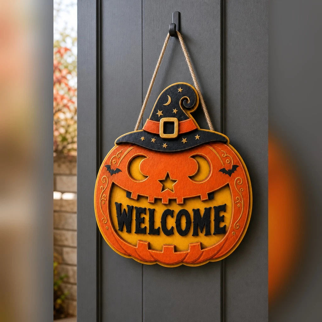 Welcome Sign Jack O Lantern Witch Hat Door Hanger Halloween Decor