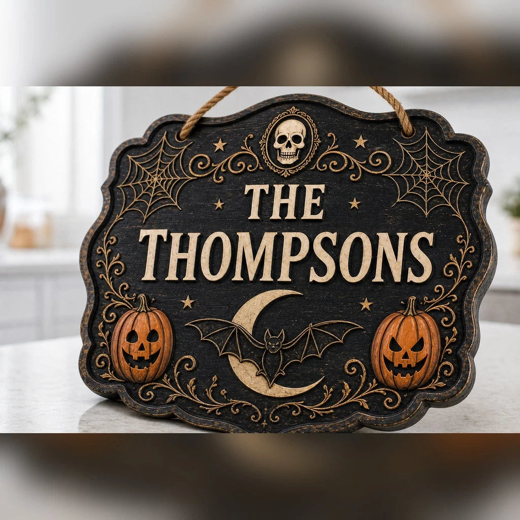 Door Sign Personalized Halloween Wood Entry Plaque Spooky Home Decor