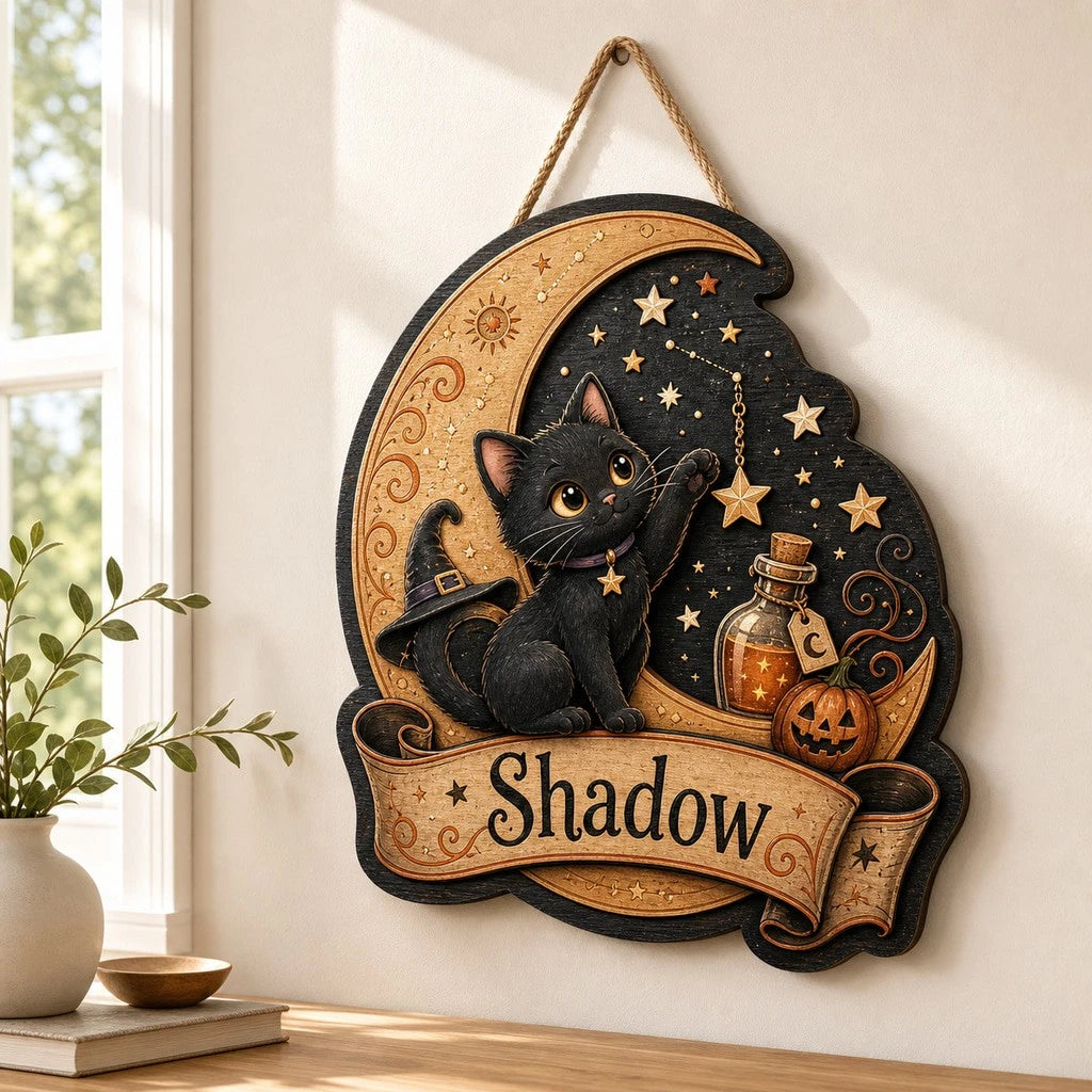 Custom Name Door Sign Black Cat Moon Wooden Halloween Decor
