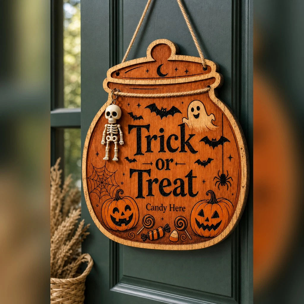 Halloween Door Sign Trick or Treat Wooden Porch Hanger Decor