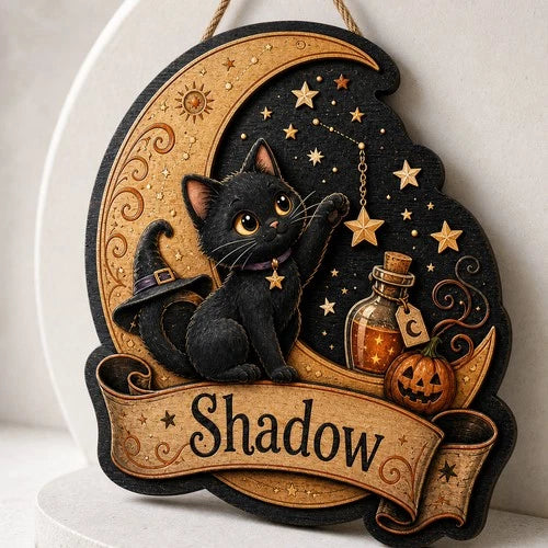 Custom Name Door Sign Black Cat Moon Wooden Halloween Decor