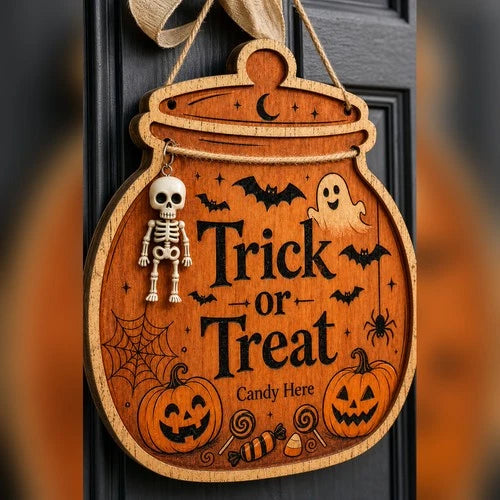Halloween Door Sign Trick or Treat Wooden Porch Hanger Decor