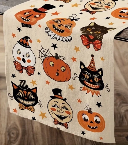 Vintage Appeal Halloween Table Runner Whimsical Pumpkins & Black Cats