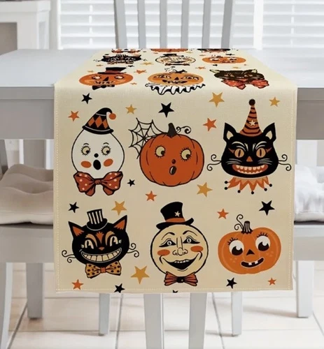 Vintage Appeal Halloween Table Runner Whimsical Pumpkins & Black Cats