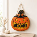 Welcome Sign Jack O Lantern Witch Hat Door Hanger Halloween Decor