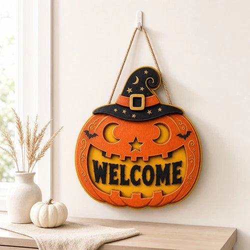Welcome Sign Jack O Lantern Witch Hat Door Hanger Halloween Decor