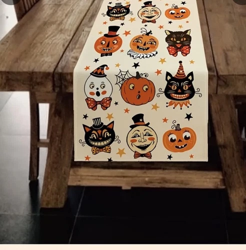 Vintage Appeal Halloween Table Runner Whimsical Pumpkins & Black Cats