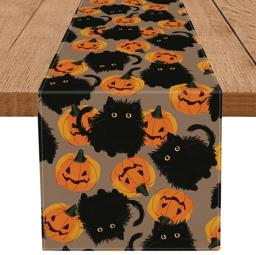Halloween Table Runner Black Cat Pumpkins