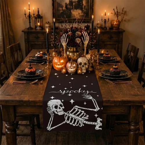 Halloween Table Runner 13 x 72 in, Skeleton Spider Decor 13 x 72 Black