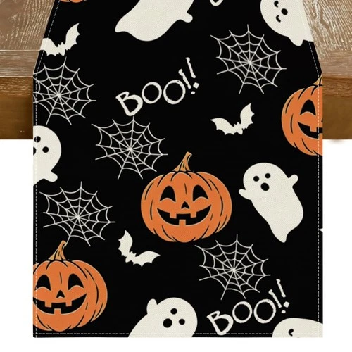 Halloween Table Runner Boo Spooky Ghost Pumpkin 13"x72", Black