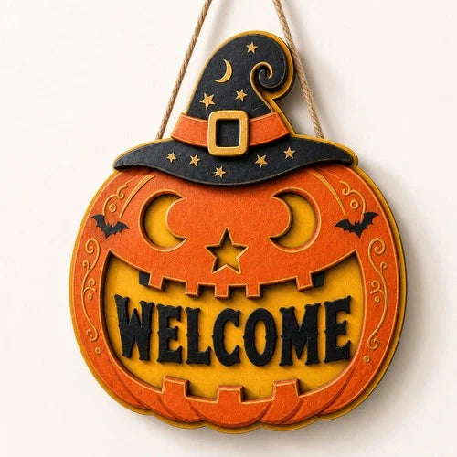 Welcome Sign Jack O Lantern Witch Hat Door Hanger Halloween Decor