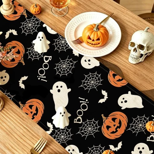 Halloween Table Runner Boo Spooky Ghost Pumpkin 13"x72", Black